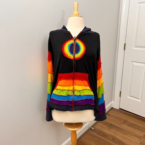 Rising International Rainbow Patchwork Made in Nepal Hoodie Sz XXL - Picture 1 of 12